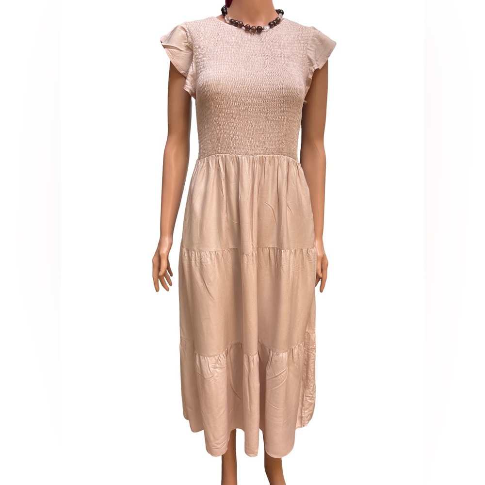 Zesica Chic Cream Midi Dress Smocked Top, Tiered A-Line Skirt Small NWT